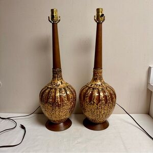 Vintage 50s Mid Century Modern Brown and 24k Accent Gold Ceramic Table Lamps